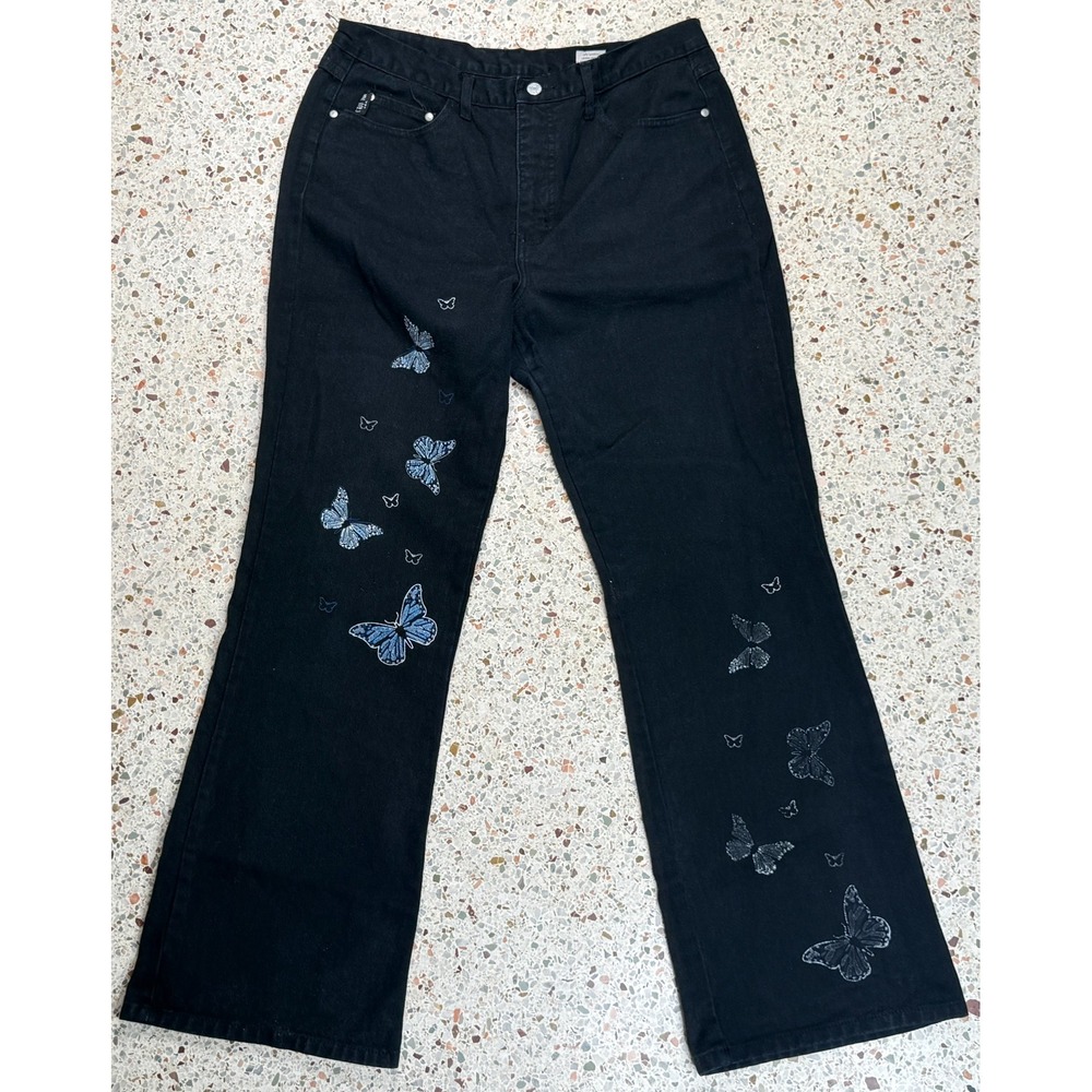 C est Toi Women's 5 Pocket black Butterfly Pattern Wide Leg Denim Jeans Size XL